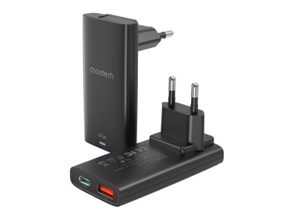 Mini úti fali töltő Choetech PD6011 PD65W GaN slim USB-A+C (fekete)