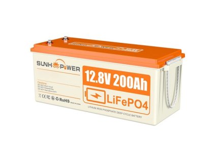 SUNHOOPOWER 12V 200Ah LiFePO4 Battery, 2560Wh Energy, Built-in 100A BMS, Max.1280W Load Power, Max. 100A Charge/Discharge, IP68 Waterproof