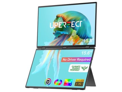 UPERFECT Delta 15.6-inch Dual Screen Portable Folding Monitor, 1920*1080 FHD IPS Screen, 60Hz Refresh Rate, 1000:1 Contrast Ratio, 360° Folding, Built-in Speaker, Built-in Stand & VESA Mountable,  2*Full-Featured Type-C, 2* mini HDMI - EU Plug