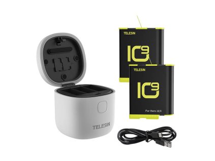 Vízálló háromcsatornás töltő Allin box Telesin + 2 akkumulátor GoPro Hero 10 / Hero 9-hez (GP-BTR-905-GY-B)