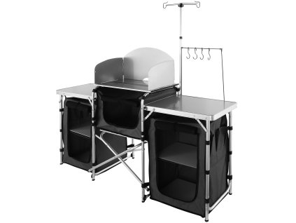 Kempingový skladací stôl, hliník, 3 skrinky, odnímateľný štít