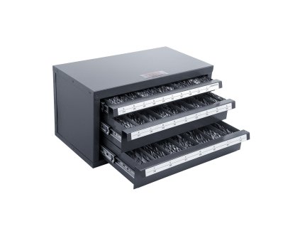 Zásobník na vrtáky, 3 zásuvky, oceľový, so štítkami, stohovateľný