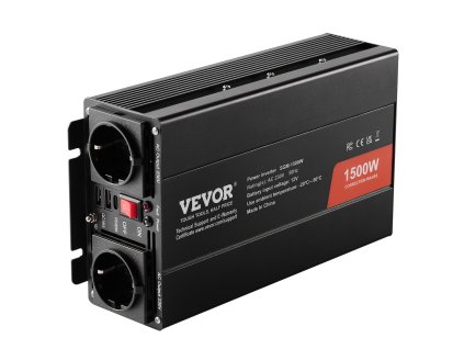 Menič napätia 1500W 12V→230V, 2× AC, 2× USB, 1× USB‑C, 6 poistiek