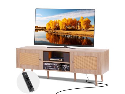 Ratanový tv stolík pre 65" (165.1 cm) televízor so zásuvkou, dub