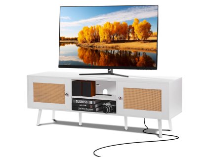 Televízny stolík pre 65 inch, ratanové dvierka, zásuvka a usb, biely