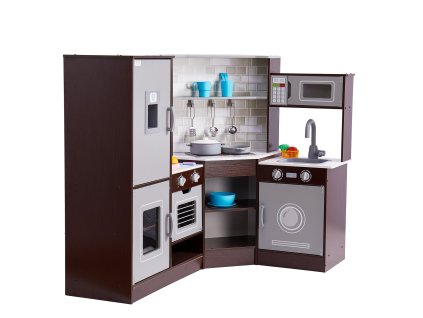 Detská rohová kuchynka z dreva s rúrou, mikrovlnkou a osvetlením