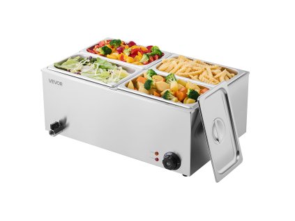 Elektrický parný stôl na jedlo, 4 panvy, 1200 W, nerez, 30–85°C