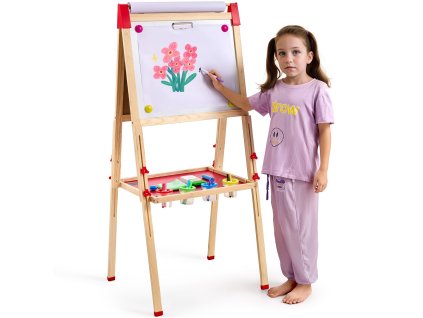 Detský výtvarný stojan 3v1, drevený, magnetická/kriedová tabuľa