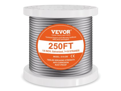 Oceľové lano 1/4" 250 ft pozinkované 7×19 7000 lbs s rukavicami