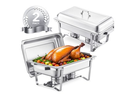 Servírovací chafer nerez 8 Qt 2 ks, 2 panvice s vekom, stojan