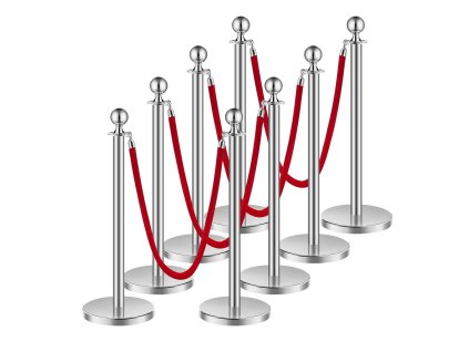 Stĺpiky s lanami 8 ks, 4 červené zamatové šnúry, nerez 5 ft, podstavy