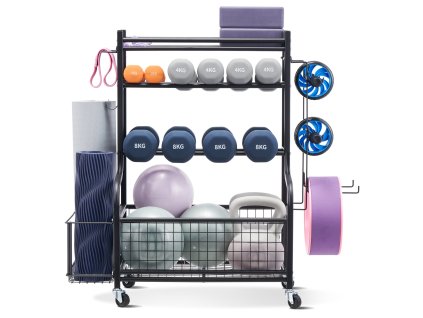 Stojan na jogové podložky, oceľový, prášk. lak., s hákmi+kolieskami