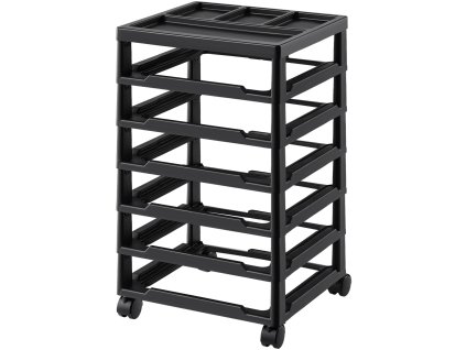 Úložný vozík na tvorenie 6 políc s organizérom, čierny rám, 4 kolieska