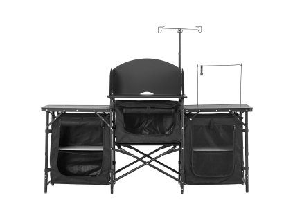 Hliníkový kempingový stôl s úložnou skrinkou a veterným štítom