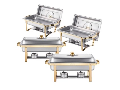 Sada chaferov 4×8 qt nerez, 4 plné panvy, sklenené veko, stojan
