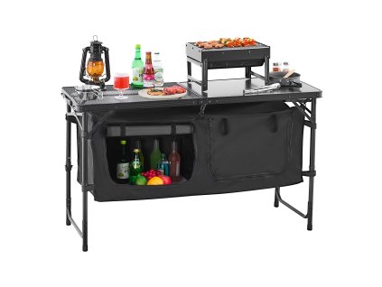 Skladací kempingový kuchynský stôl, hliník, 3 výšky, organizér, čierny