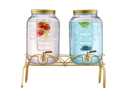 Dávkovač nápojov 2×8 l sklenený so stojanom, nerez kohútik, infuzér