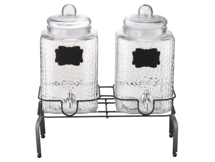 Sklenený dávkovač 2×5.5L s kovovým stojanom a nerezovým kohútikom