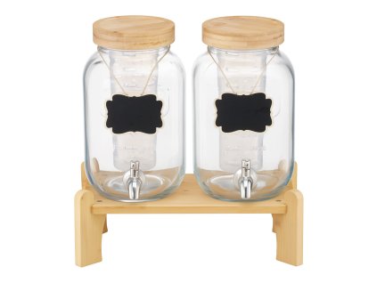 Sklenený dávkovač nápojov 2×3.8l s dreveným stojanom, nerezový kohútik
