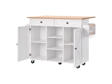 Kuchynský ostrovček s masívnym dreveným vrchom, pojazdný, 132cm, biely