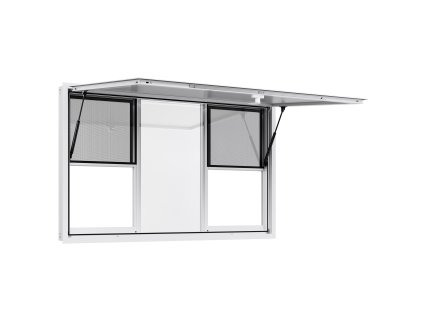 Predajné okno 152×92 cm, hliník, 6 posuvných okien, otváranie 85°