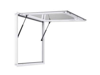 predajné okno 92×92 cm, hliníkový rám, otvárateľné do 85°, s markízou