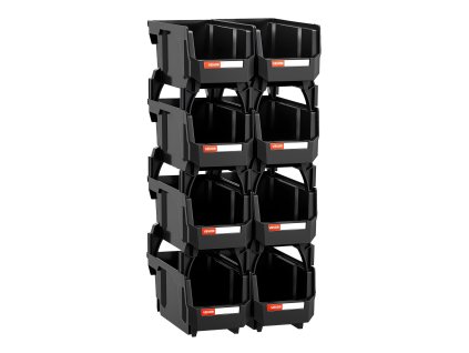 Plastové stohovateľné úložné boxy 27.6×14×13 cm, 8 ks, čierne