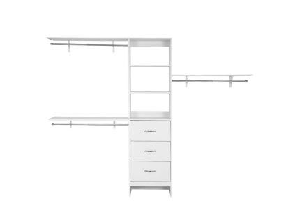 Voľne stojaci šatník, 3 zásuvky, výškovo nastaviteľný, 3 tyče, biely