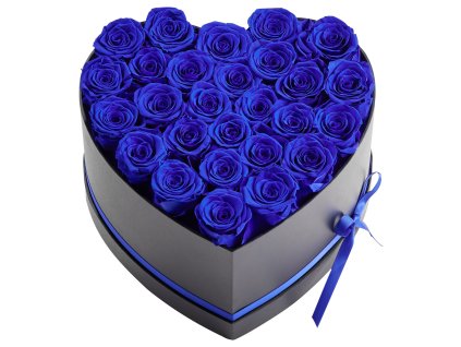 Konzervované ruže v krabici v tvare srdca, 27 ks, kráľovská modrá