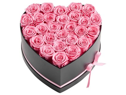 Kytica 27 konzervovaných ruží v krabičke v tvare srdca, ružová