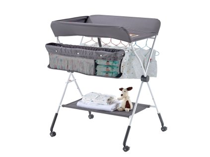 Prebaľovací skladací stôl, bočný košík, nastaviteľná výška, tmavosivý