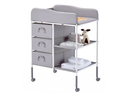Prebaľovací stolík, nastaviteľná výška, 3 zásuvky, kolieska, sivý