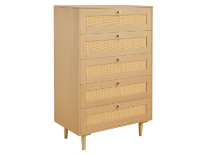 Ratanová komoda 5 zásuviek s kovovými úchytmi a drevenými nohami