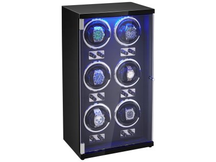 Navíjač pre 6 hodiniek, japonské motory, modré led, čierne pu