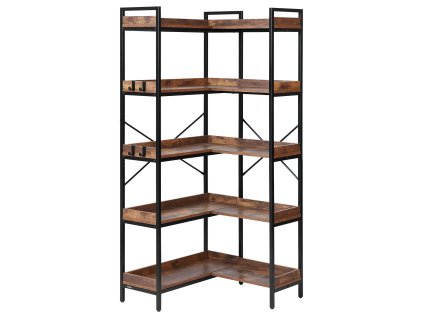 Rohová knižnica 5-poschodová, 4 háčiky, kovový rám, drevené police