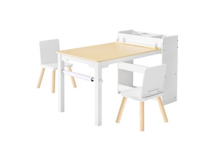 Detský tvorivý stôl s 2 stoličkami, 3-poschodové úložisko, drevený, biely