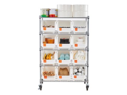 Regál na kolieskach s 5 policami a 12 boxmi, drôtený oceľový