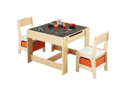 Detský stôl s 2 stoličkami, drevený, úložný priestor a látkové boxy