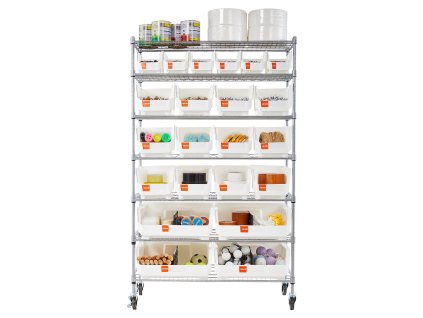 Policový regál s 22 boxmi na kolieskach, 7 priečok, oceľový mobilný