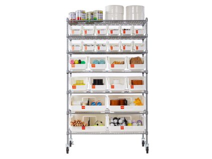 Regál na boxy, 7 úrovní, 24 boxov, oceľový drôtený, na kolieskach