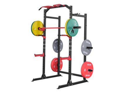 Posilňovací power rack s nastaviteľnou výškou, j-háky, hrazda, dipy