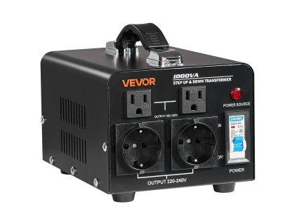 Transformátor napätia 1000VA pre 110V/220V, zásuvky US a EU, istič