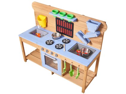 Detská blatová kuchynka drevená so sporákom, dvojitý drez, háčiky