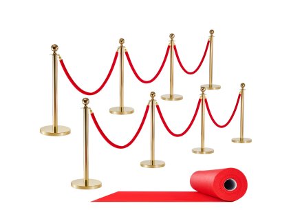 Stĺpiky do radu 8 ks, nerez zlaté, 6 červených zamatových lán