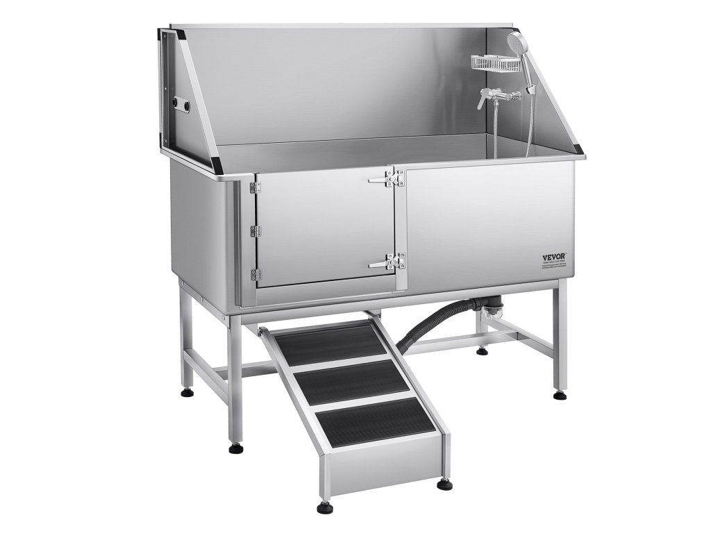 Nerezová vaňa na kúpanie psov 157.48 cm s rampou, pe filter, sprcha