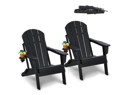 Plastové adirondack stoličky, sada 2, čierne, s držiakom na pohár