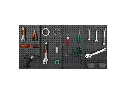 Kovový pegboard panel nástenný 24"×12" 4 ks čierny s príslušenstvom