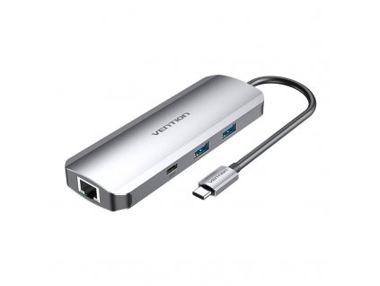 Dokovacia stanica USB-C na HDMI, USB-C, 2x USB3.0, RJ45, SD, TF, TRRS 3,5 mm, PD 0,15 m Vention TOMHB (sivá)