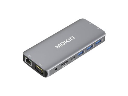 MOKiN 10 v 1 Adaptér Hub USB-C na 3x USB 3.0 + nabíjanie USB-C + HDMI + 3,5 mm audio + VGA + 2x RJ45 + čítačka Micro SD (strieborná)