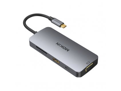 Adaptér MOKiN 8v1 USB-C na 3x USB 3.0 + HDMI + USB-C + VGA + čítačka kariet SD + čítačka kariet Micro SD (strieborná)